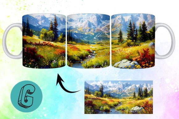 3D Oil Paint Mountain Mug Wrap 08: A Creative Asset