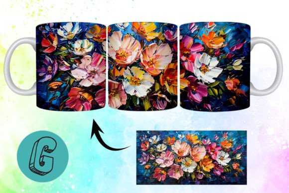3D Oil Paint Pretty Flowers Mug Wrap for DIY Projects