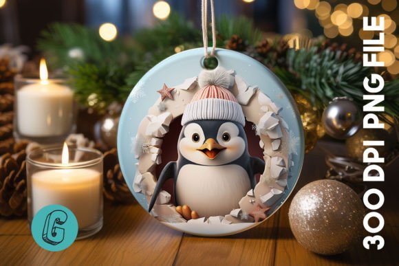 3D Penguin Break Through Ornament (02) Digital Download