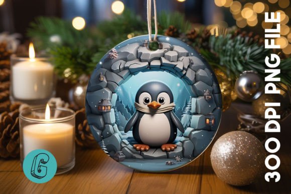 3D Penguin Break Through Ornament: A Festive Digital Design Asset