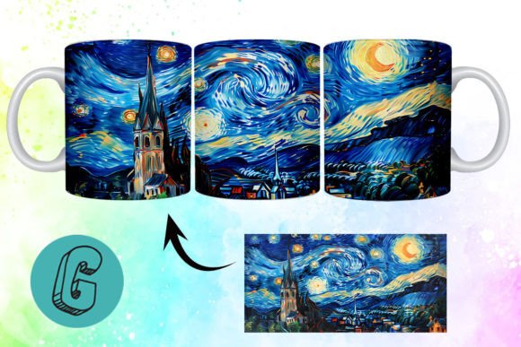 Starry Night Mug Wrap: 3D Oil Paint Digital Design